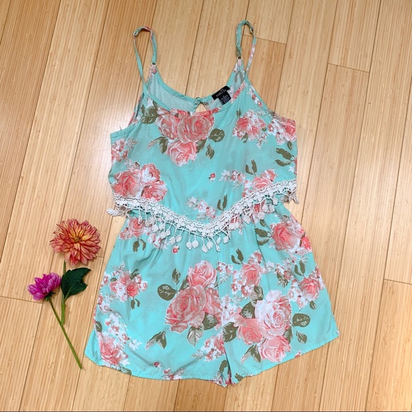 Rue21 Pants - RUE21 aqua and vintage rose print romper, M.